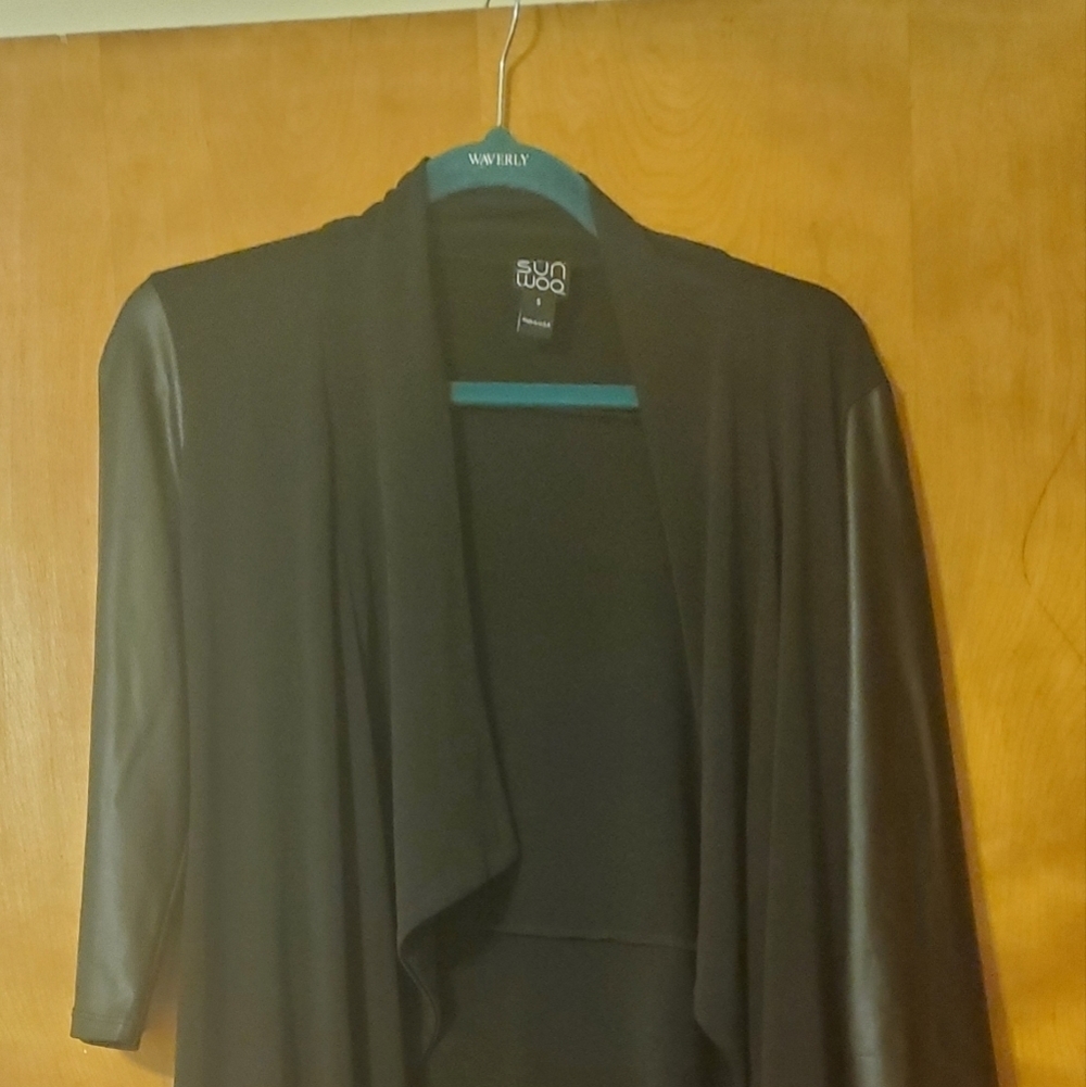 Clara Sun Woo Drape Front Cardigan Jacket With Faux Leather Sleeves Black Size S